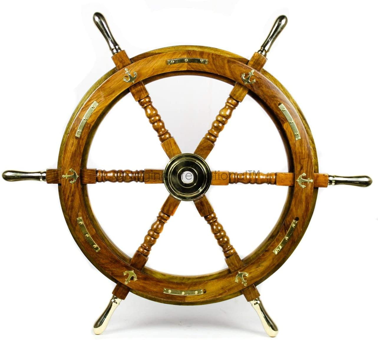 Premium Wooden Steering Wheel Brass Anchor Handle Nautical Wall Decor 36 Inch 