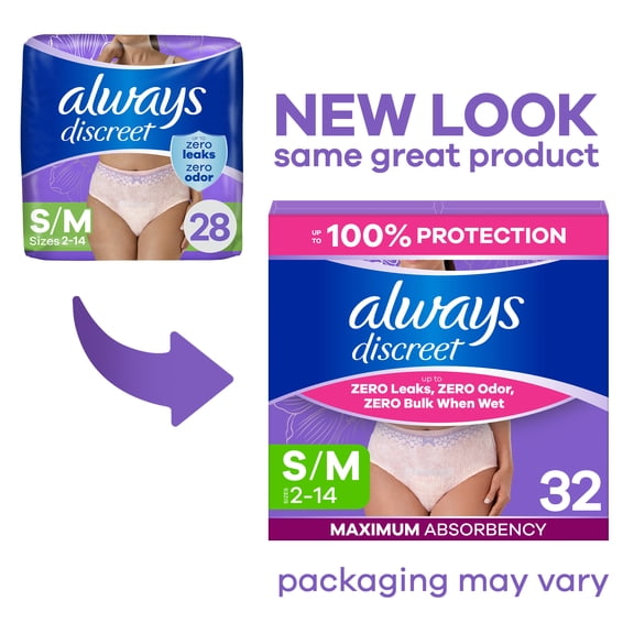 Always Discreet Adult Incontinence Underwear for Women and Postpartum Underwear, s/m, up to 100% Bladder Leak Protection, 28 Count