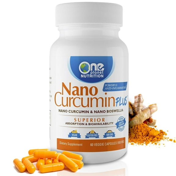 One Planet Nutrition Nano Curcumin Plus 500 mg Veggie Capsules (60 Servings), Turmeric and Boswellia Extracts, Nano for Enhanced Absorption, Supports Joint and Cellular Health, Non-GMO, Gluten-Free
