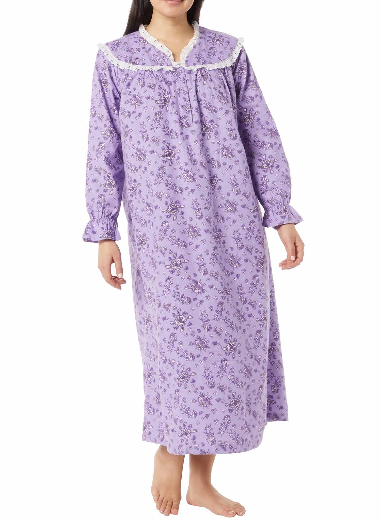 AmeriMark Long Flannel Nightgown for Women Eyelet Lace Trimmed Neckline ...