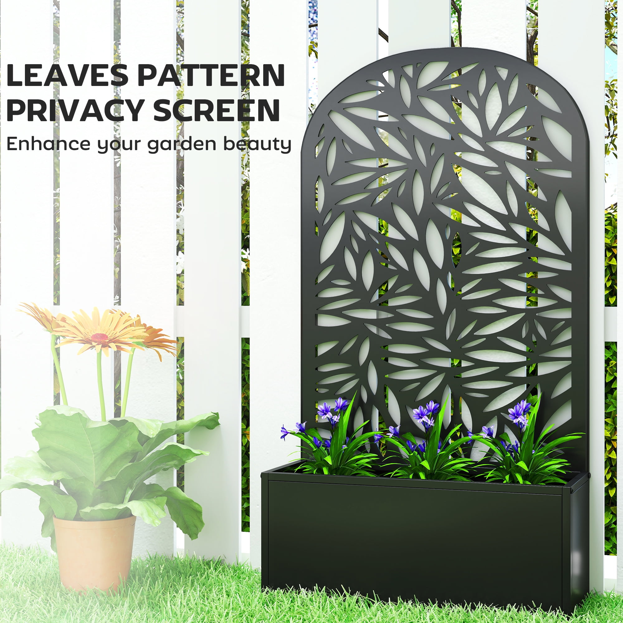 Outsunny Metal Raised Garden Bed with Trellis, Freestanding or Wall Mounted Raised Flower Bed with Curved Privacy Panel for Garden, Patio, Balcony