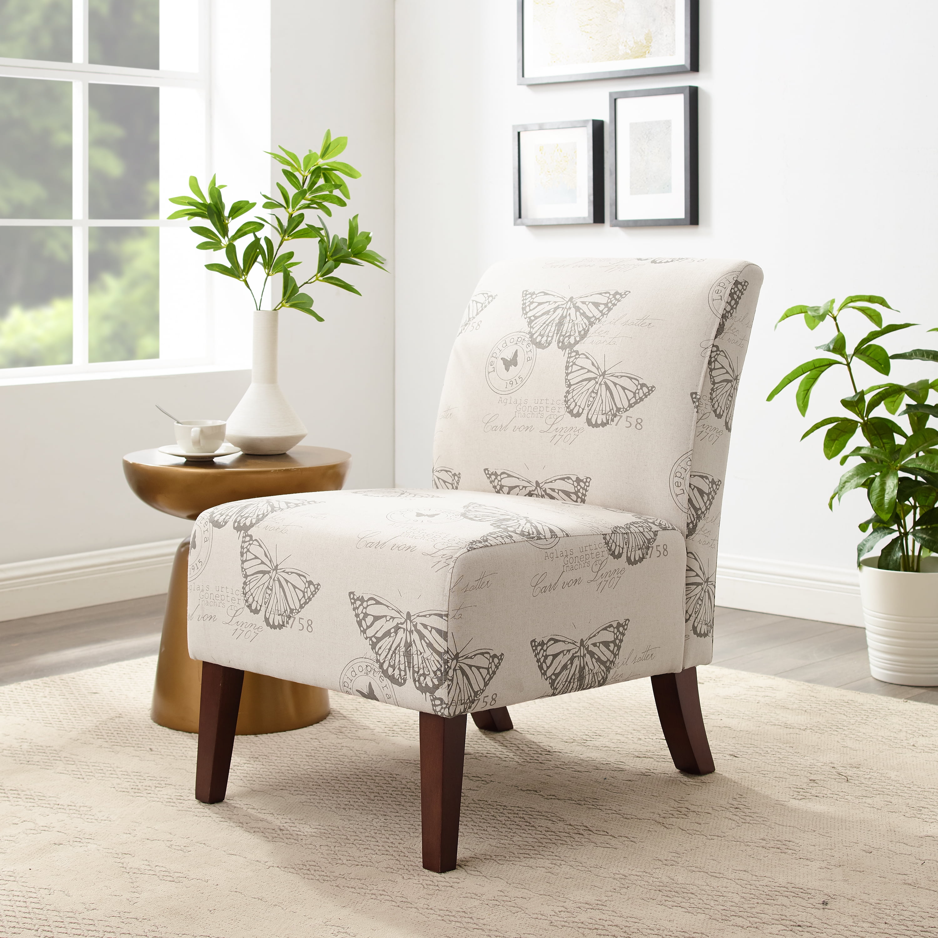 Free Shipping Linon Lily Upholstered Accent Chair Wood Legs in Gray Butterfly Printed Fabric Walmart