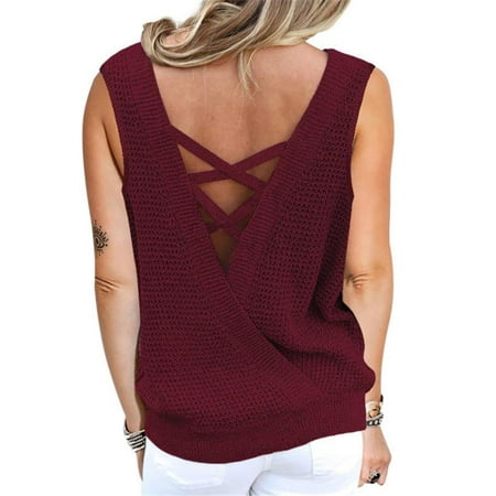 

LACOZY Women Crew Neck Solid Color Waffle Backless Vest