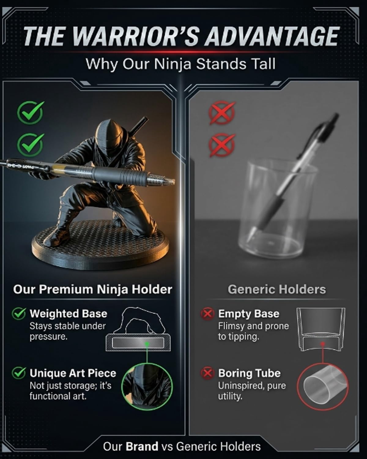Ninja Warrior Pen Holder with Sword and Weapon Accessories, 2026 New 3D Printed Desk Organizer Stand with Sculpture, Unique Creative Stationery Gift for Office Home Classroom (3PCS)
