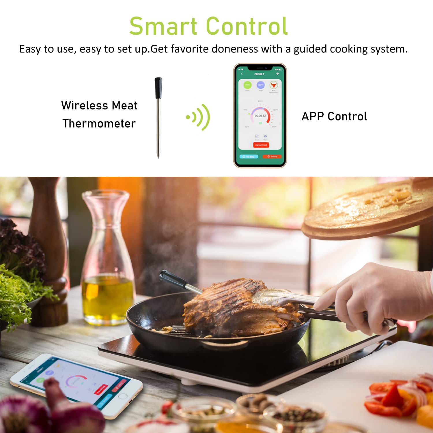 Thermomètre De Cuisine Bluetooth BlueSwan - 2 Sondes IP67, Boîtier Magnétique, Appli Avec 9 Programmes, Pour BBQ, Four, Fumoir