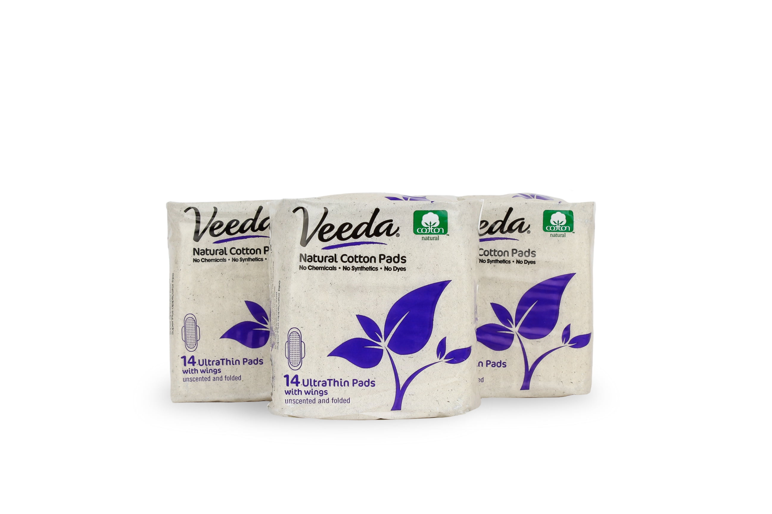 Veeda Ultra Thin Super Absorbent Day Pads Are Always Chlorine Pesticide Dye and Fragrance Free Natural Cotton Sanitary Napkins, 3 Packs of 14 Count Each