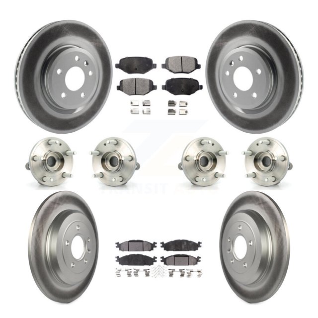 Transit Auto Front Rear Hub Bearings Assembly Coated Disc Brake Rotors and Ceramic Pads Kit (10Pc) for Car Ford Explorer - Left Right Side (Driver Passenger) KBB-112778
