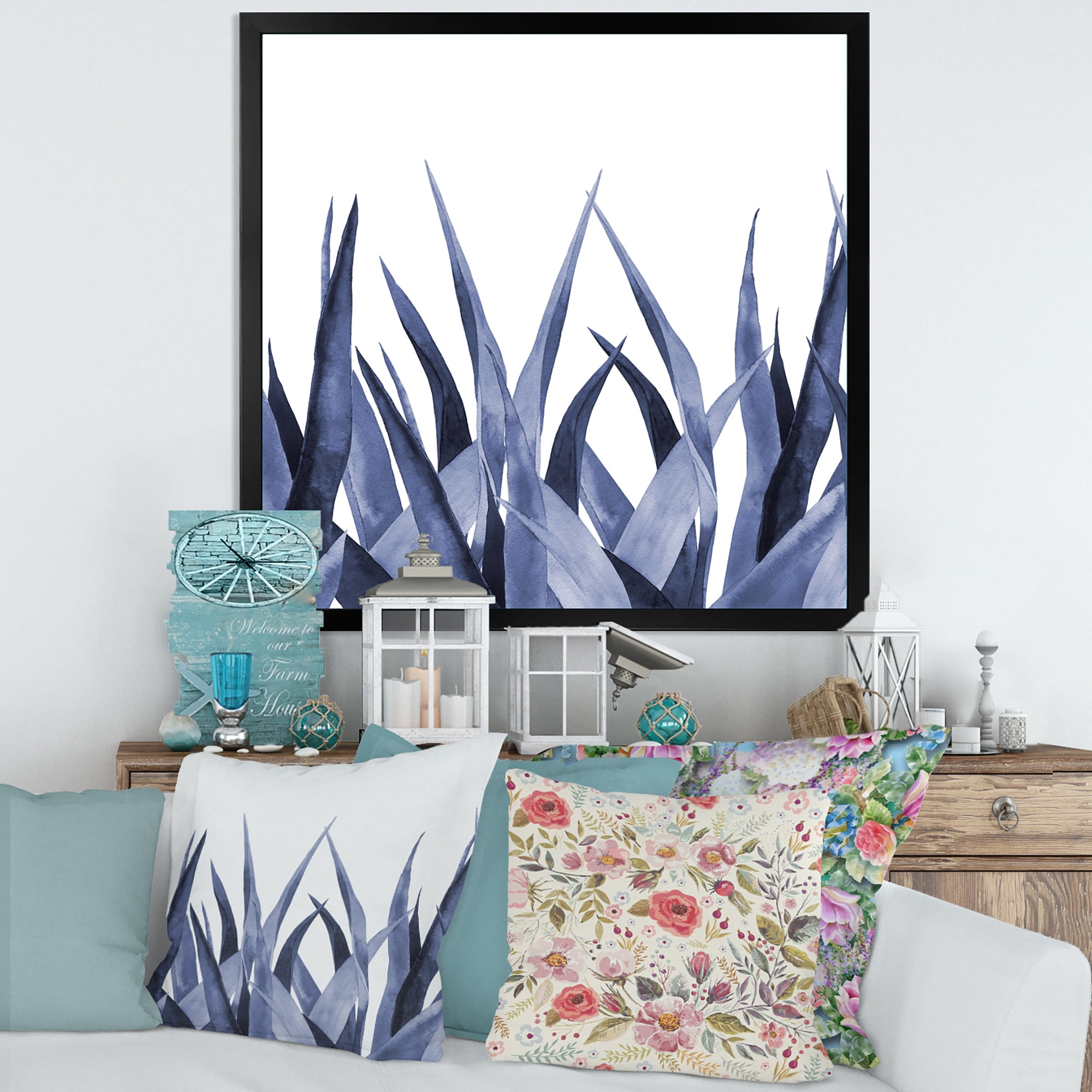 Designart 'Close Up Navy Blue Agave Leaves' Traditional Framed Art Print