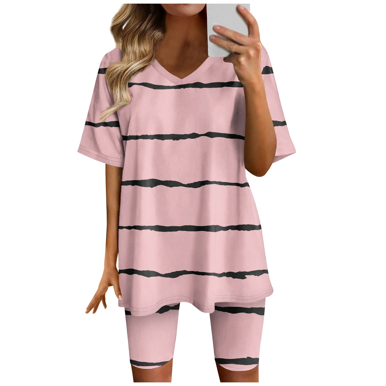 Sksloeg Summer Outfits for Women 2024 Trendy Curvy,2 Piece Outfits Stripe  Print Short Sleeve Tee and Shorts Set Workout Tracksuit,Pink S 