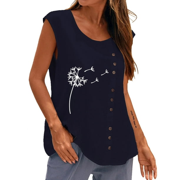 Mujer Verano Casual Sin mangas Botón Chaleco Cuello redondo Blusa suelta Active Top Mujer Fridja gh2396
