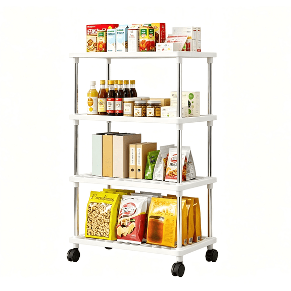 4-Tier Multi-Functional Storage Rack – Plastic Floor-Standing Shelving Unit for Bathroom, Living Room, Kitchen, Bedroom, with Wheels for Easy Mobility