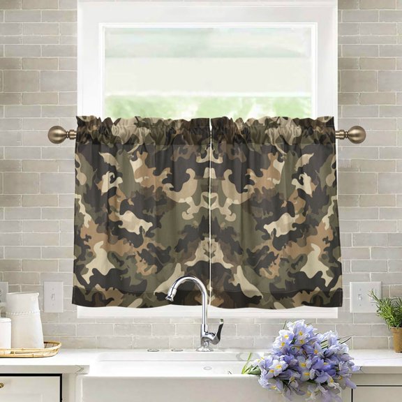 Wobogo Brown Camouflage Kitchen Curtains 2 Piece Set Farmhouse Country Style Light Filtering Small Window Drapes Suitable for Bathroom Laundry Room and RV 27x24in
