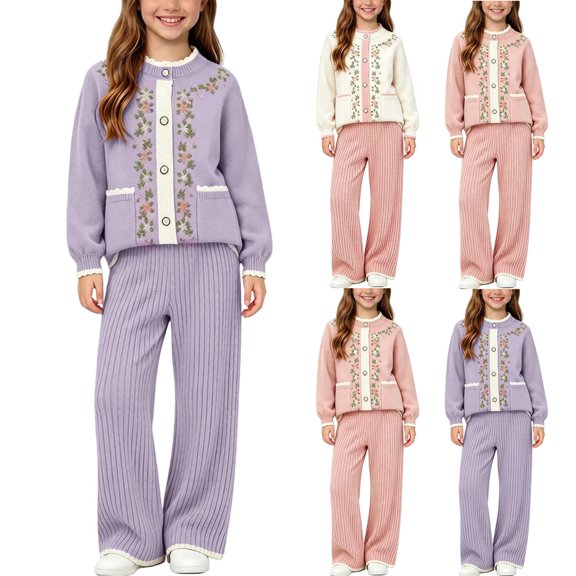 ITSAME Girls Outfit Set Button Down Knit Cardigan and Pants 2-Piece Fall Winter Comfy Casual Clothes Purple Size 1T