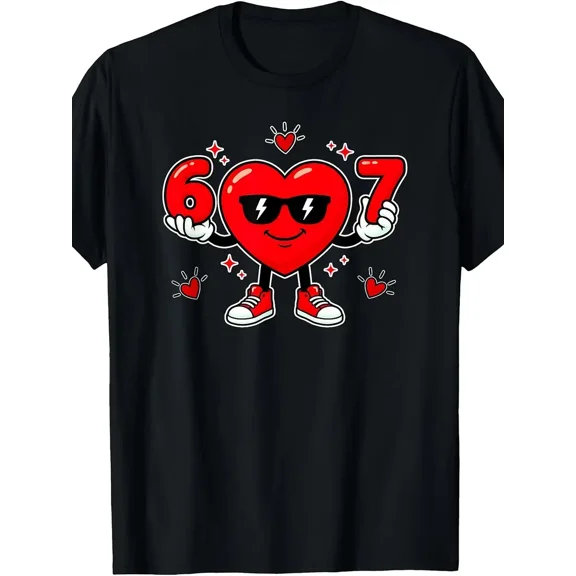 Funny 67 Valentine Day Dabbing Heart Love 67 Meme Six Seven T-Shirt Pure Cotton Boys'and Girls' Everyday T-Shirts for Spring and Summer Size 120-160