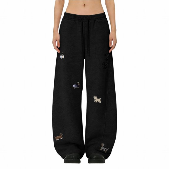 Womens Sweatpants Elastic Waist Side Pocket Solid Loose Sport Casual Wide Leg Sweatpants Women Black L