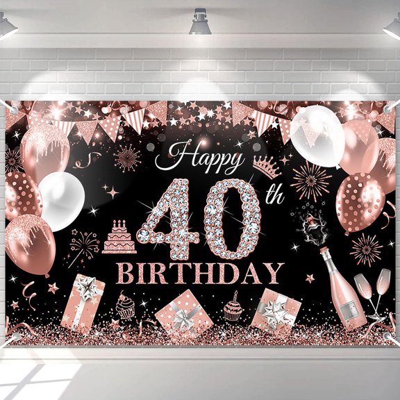Happy 40th Birthday Backdrop for Women Black and Rose Gold Glitter Balloons 40 Birthday Background 40 Years Old Birthday Party Decorations Banner Supplies Photo Booth Props