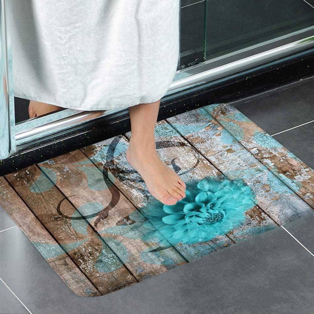 Farmhouse Floral Flower Bath Mat, Teal Dahlia Rustic Wooden Plank Country Barn Wood Turquoise Blue Non-Slip Flannel Soft Doormat Floor Entryways Outdoor Indoor Front Door Mat, (16X24)
