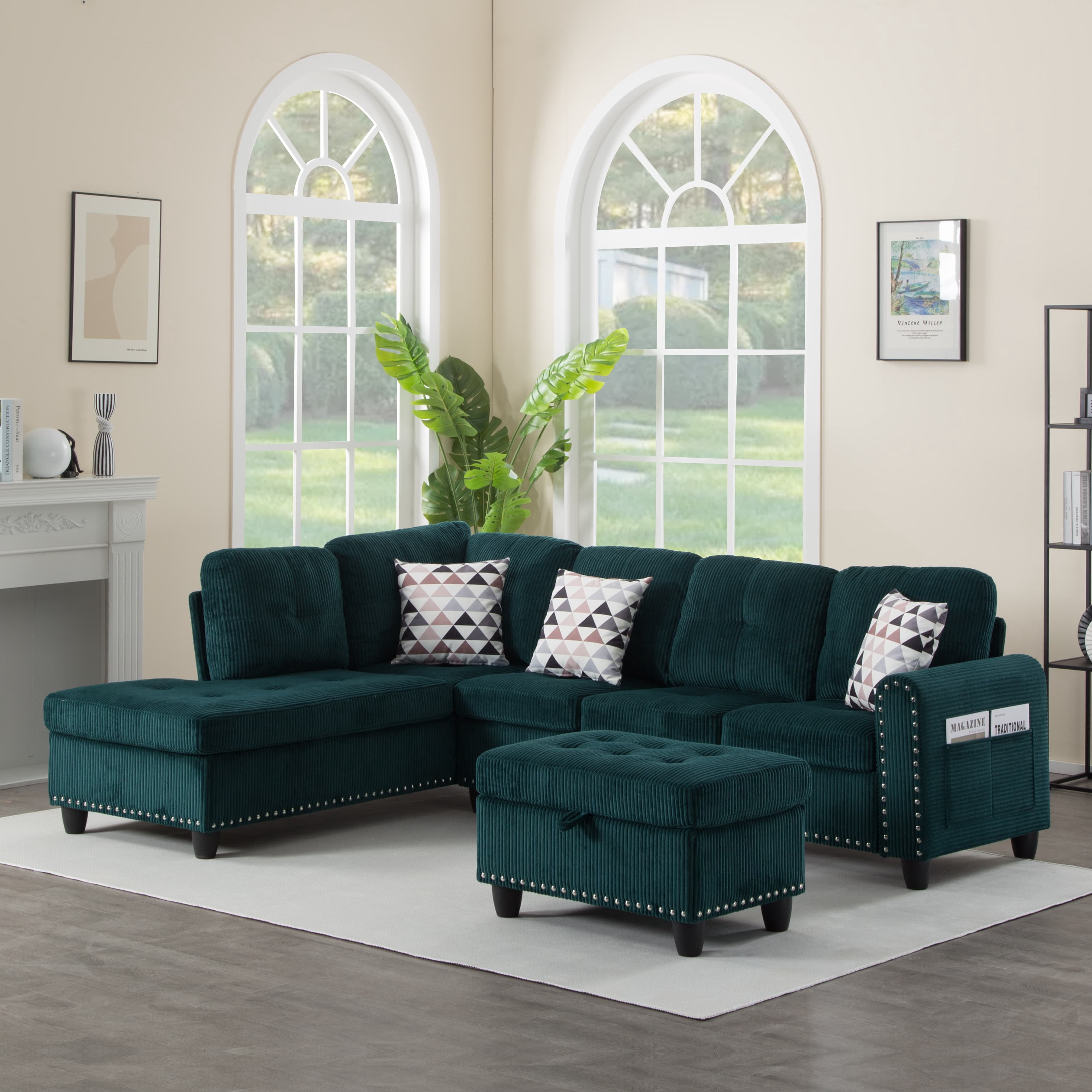 BSHTI 94.49”L-Shaped Modular Sectional Sofa, with Convenient Storage Ottoman, Corduroy Fabric, Drop-Down Middle Backrest with Two Built-In Cup Holders, Green