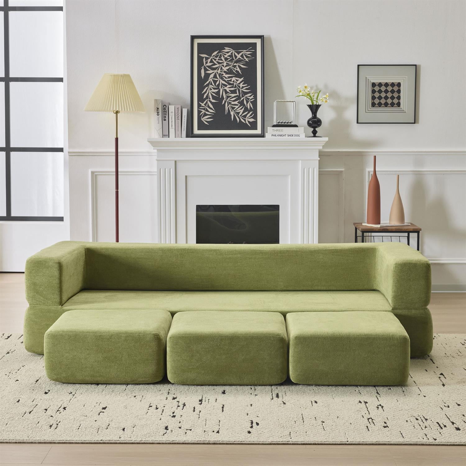 Demi Bonn Convertible Sectional Sofa with 3 Storage Ottomans, Space-Saving Chenille Couch, High-Resilience Foam for Studio Apartments & Home Offices, Green