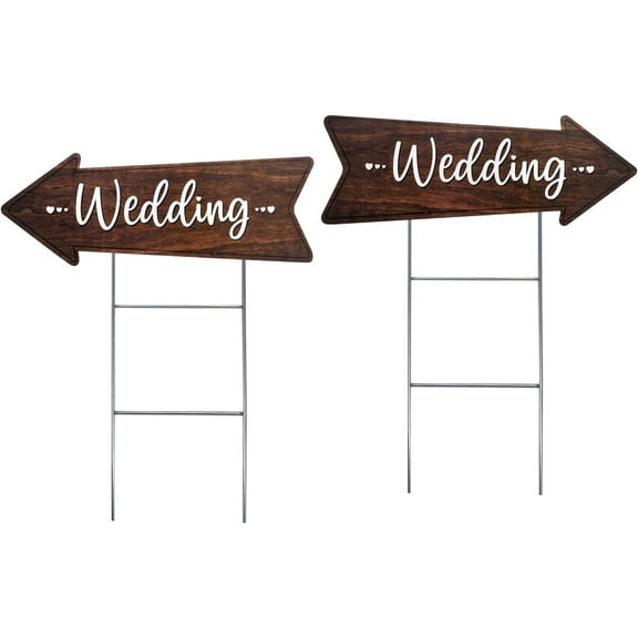 Wedding Directional Yard Sign 23.5 x 8.5, Waterproof, Wood Printed Design on Durable Coroplast with Tall Heavy Duty Yard Stakes (2 Pack)
