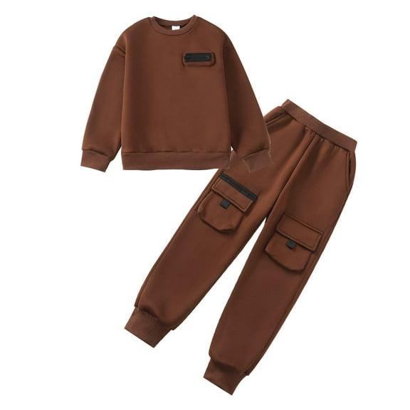 Kucnuzki 11 Years Big Boys Outfit Set 12 Years Tween Boy Pants Sets Long Sleeves Pullover Sweatshirt Top Pockets Sweatpants 2pcs Clothing Brown