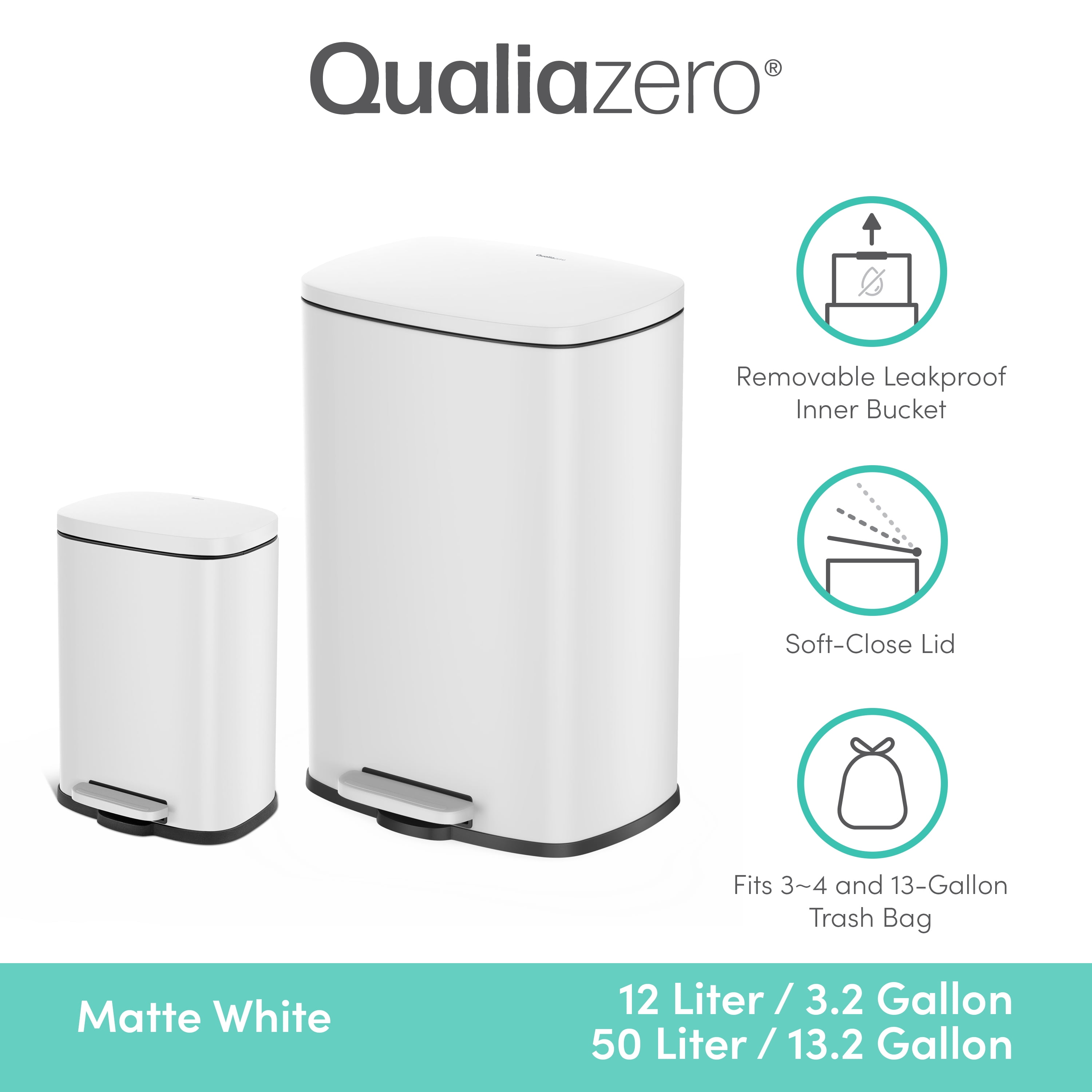 (2 pack) Qualiazero Kitchen Bathroom Trash Can Combo, 13.2 Gallon and 3.2 Gallon Stainless Steel Step Garbage Bin with Soft Close Lid, Matte White