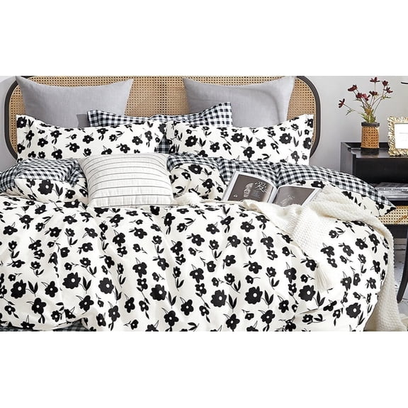 Say Yes Bedding Hepburn 3-Piece Black and White Floral Plaid Reversible Comforter Set, Twin