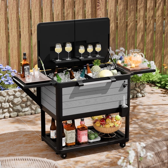 CDCASA 104 Quart Rolling Ice Chest Cooler Cart Outdoor Trolley with Storage Shelf, Bottle Opener & Clear Ice Scoop for 48 Hour Cold Drinks, Black Beverage Cart for Pool Deck, Party, BBQ & Cookouts