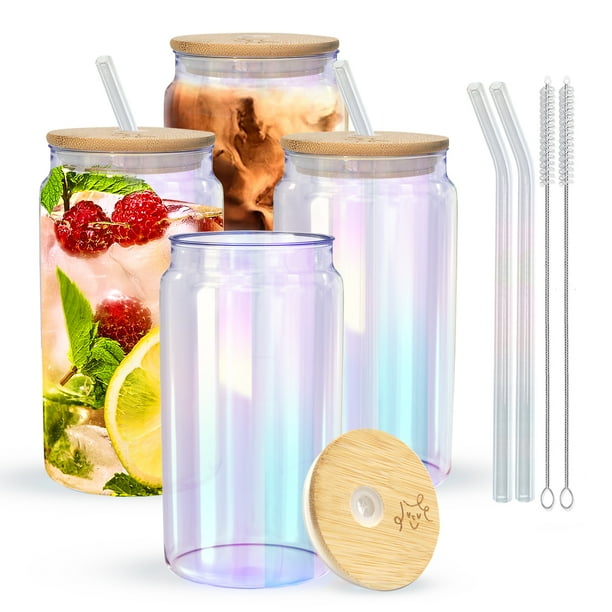 Drinking Glasses with Bamboo Lids and Glass Straw 16oz 4pcs Set Can Shaped Glass Cups for Beer