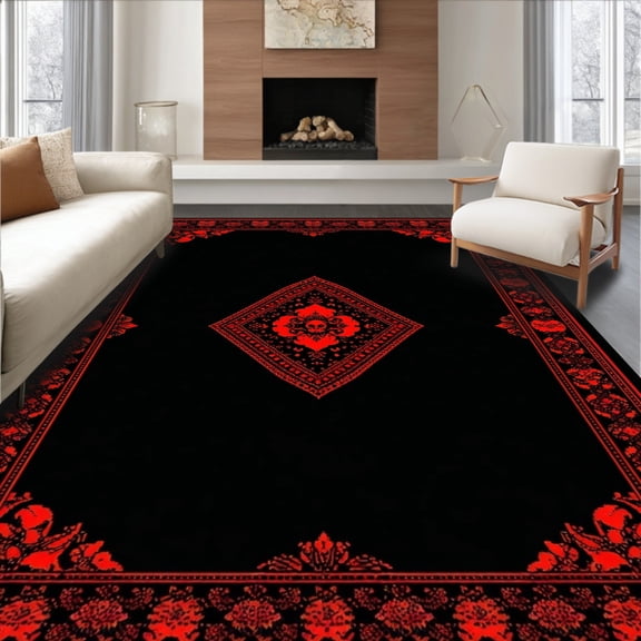 Flatwoven High Traffic Area Rug, Spooky Black Geometric Horror Motif, Non Slip, Stain Resistant, Washable Area Rugs for Living Room, Bedroom(Red, 4x6)