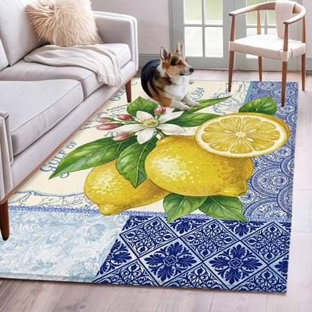 Lemon Washable Area Rugs 2.7 x5 Blue White Porcelain Vintage Map Summer Low Pile Throw Living Room Rug Non-Slip Sturdy Edge Binding Carpet for Indoor Entryway Bedside Kitchen