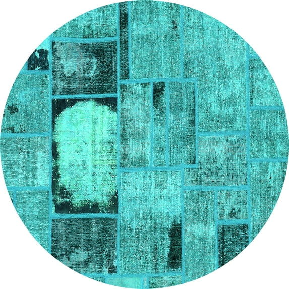 Ahgly Company Machine Washable Indoor Round Patchwork Turquoise Blue Transitional Area Rugs, 8' Round