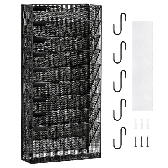 VEVOR File Wall Rack, One-Piece 10 Pockets Mesh Wall File Holder, Wall Mounted Magazine Mail Paper & Document Storage Folder, Metal Wall File Organizer with Nametag Label, for Office Home & School