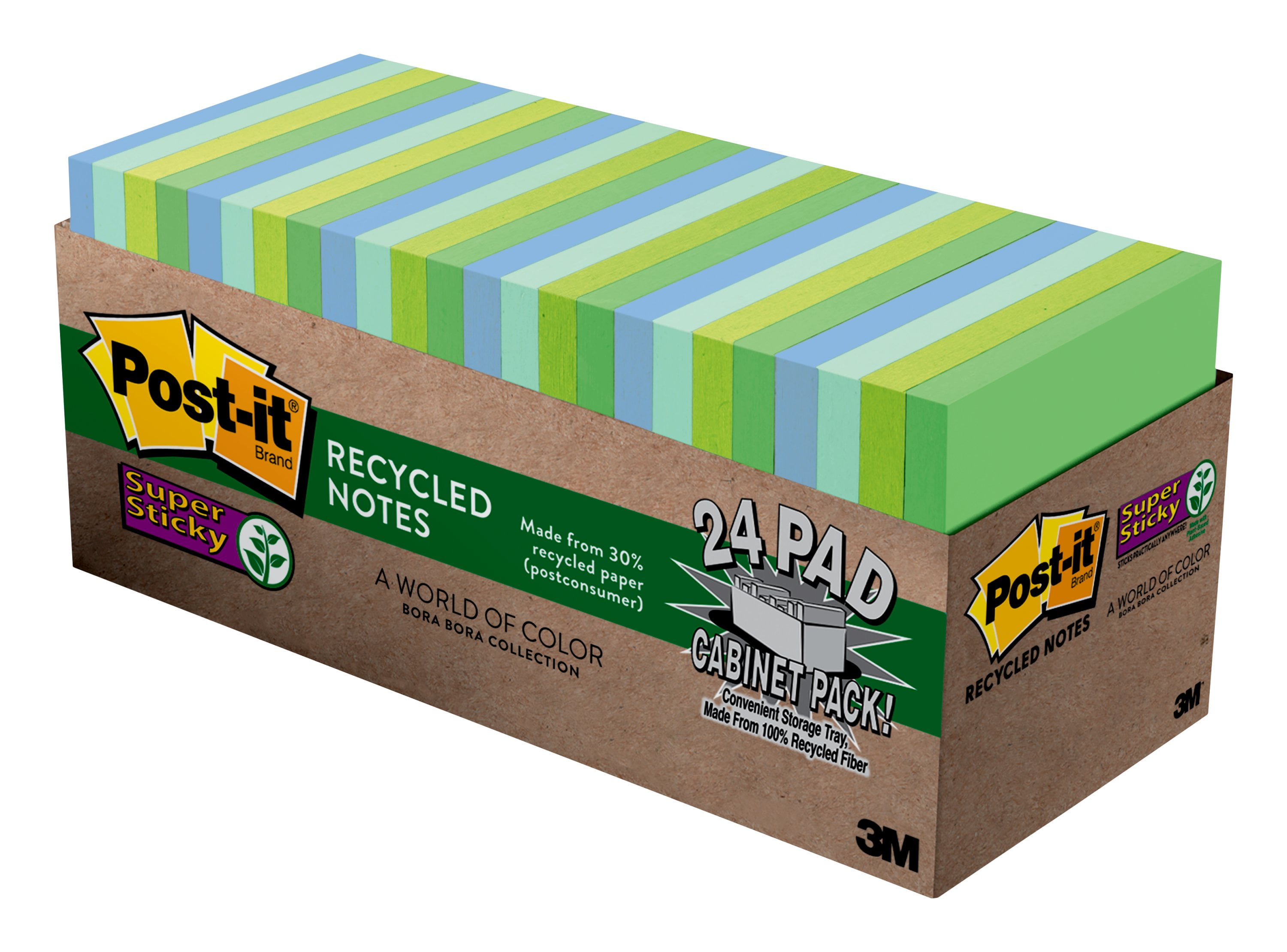 Postit Recycled Super Sticky Notes, 3" x 3", Blue/Green, 24 Pads