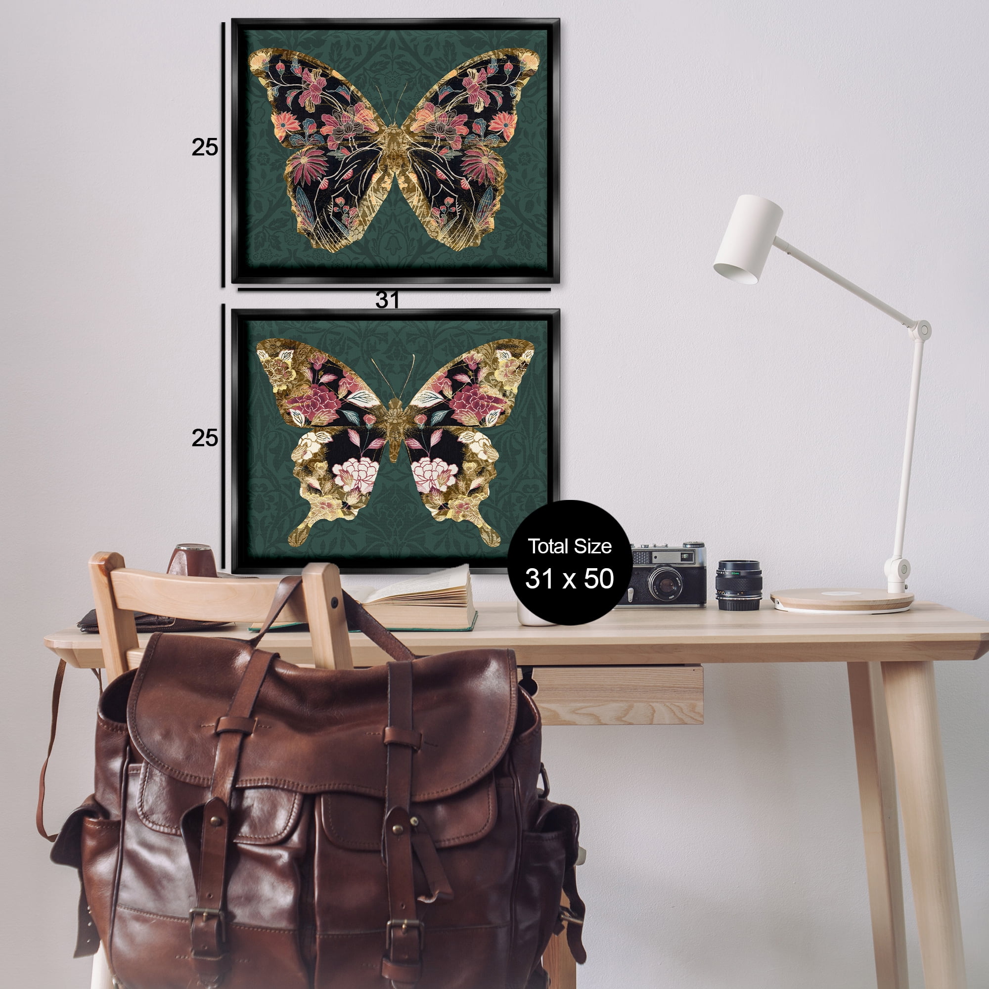 Stupell Industries Gold Black Floral Butterfly Animals Painting Black Floater Framed Canvas Art Print Wall Art, 31 x 25, Set of 2