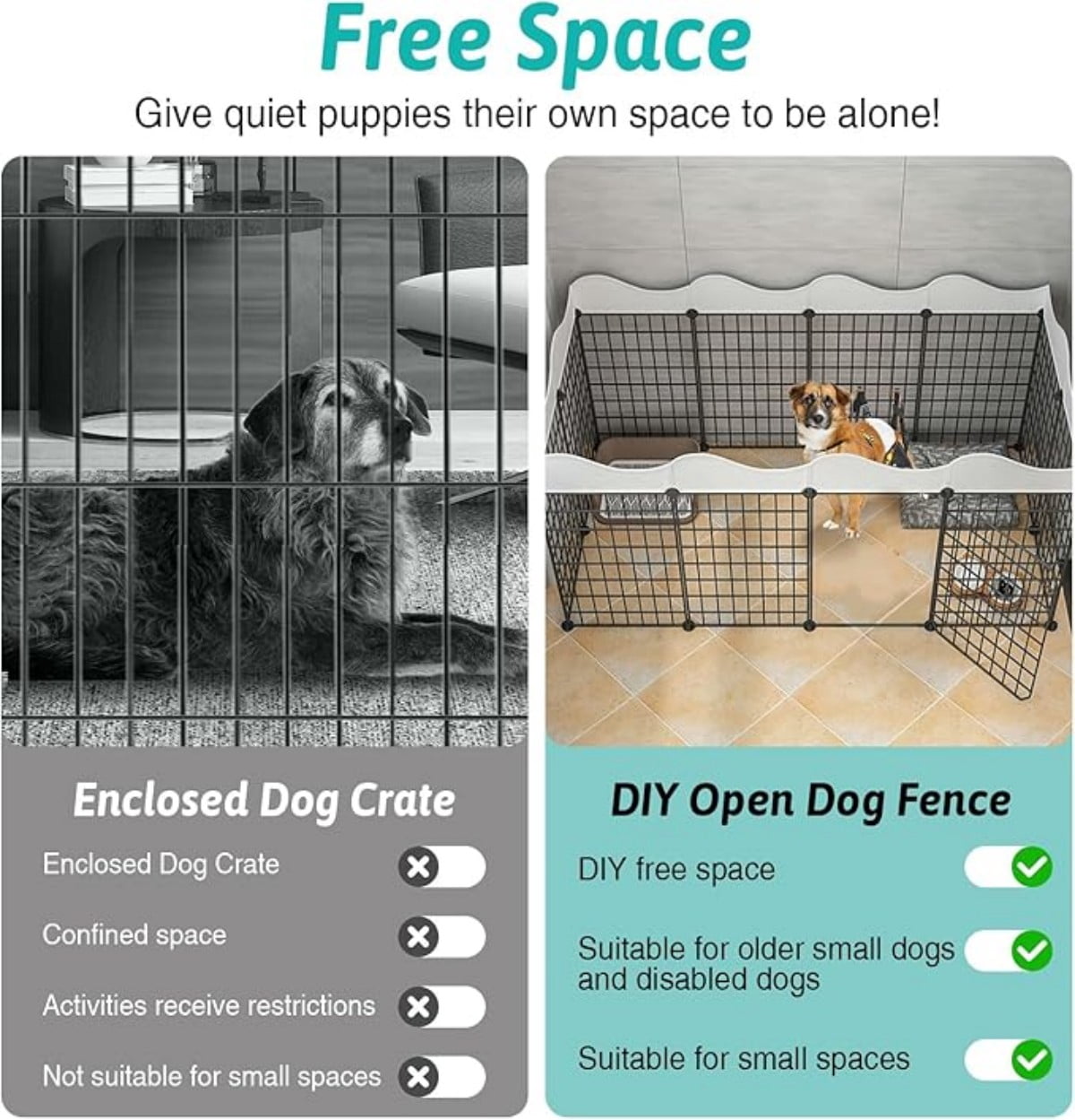 DIY Indoor Pet Playpen with Potty Area - Customizable Small Dog Fence & Exercise Pen, 18-Panel Metal & Resin Puppy Kennel with Doors, White (65" L x 44" W x 22" H)