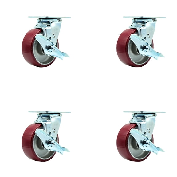 5 Inch Poly on Aluminum Caster Set with Ball Bearings and Brake/Swivel Lock SCC