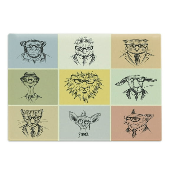 Modern Cutting Board, Hipster Animals Monkey Camel Cat Lion Goat Tiger Business Man Glasses Illustration, Decorative Tempered Glass Cutting and Serving Board, Large Size, Multicolor, by Ambesonne
