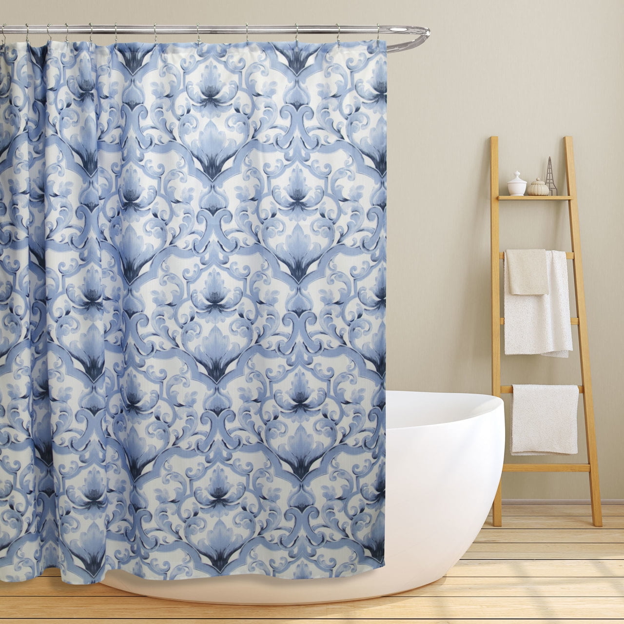 Fabric Canvas Shower Curtain, 70"x70", Miley, Blue Scroll Damask Design