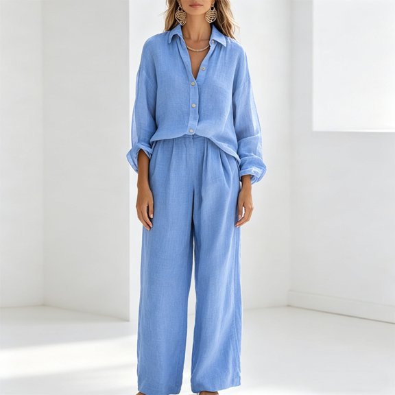 Morttic Women's 2 Piece Long Sleeve Button Down Shirt & Wide Leg Pants Set – Elegant Solid Color Casual Work Outfit Sky Blue,S