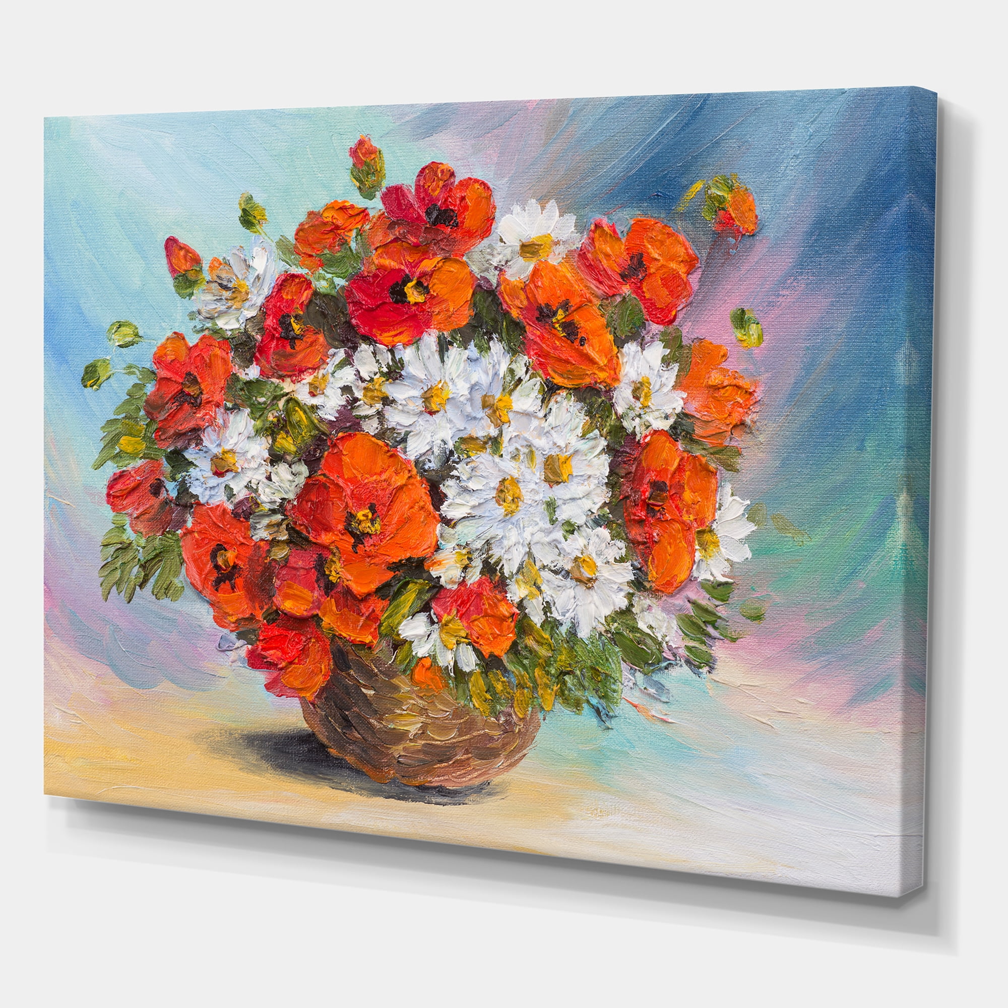 Designart ' Still Life Bouquet Of Daisies and Poppies ' Traditional Canvas Wall Art Print