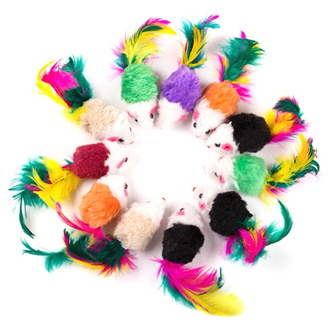 10 Uds. De juguetes para gatos y ratones falsos, Mini juguetes para jugar con plumas coloridas
