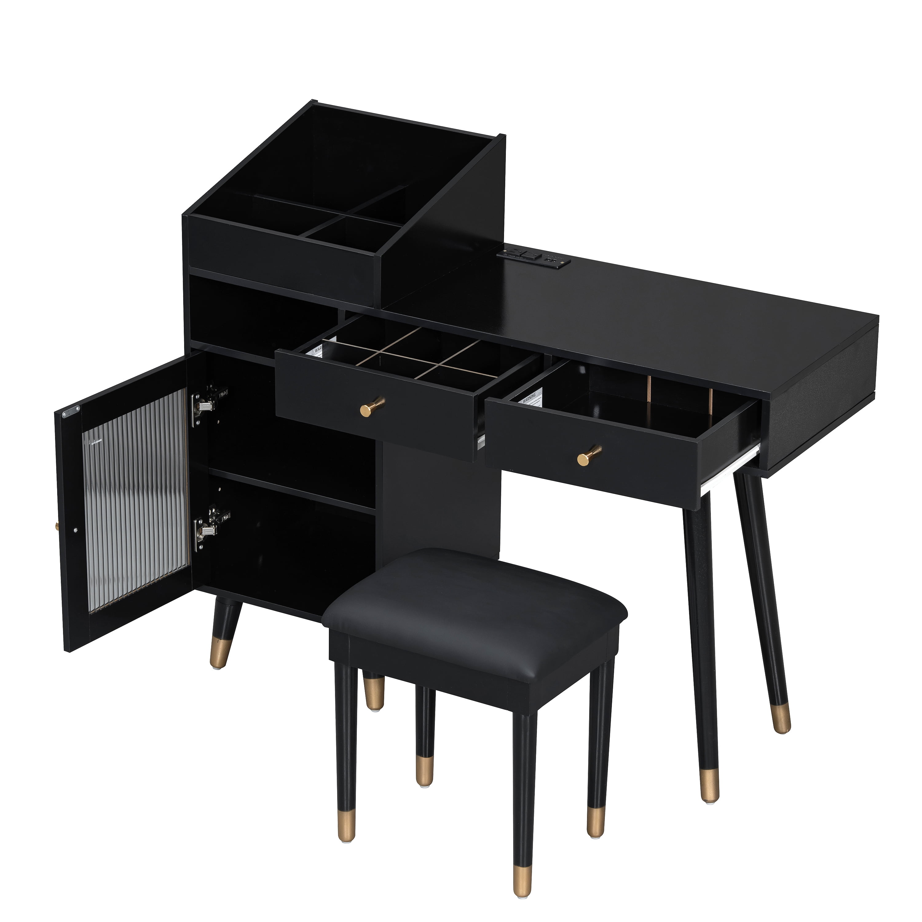 Euroco Modern Vanity Desk with Charging Station, Drawers & Cabinet – Makeup Table with Padded Stool, USB Ports & Storage for Bedroom or Office
