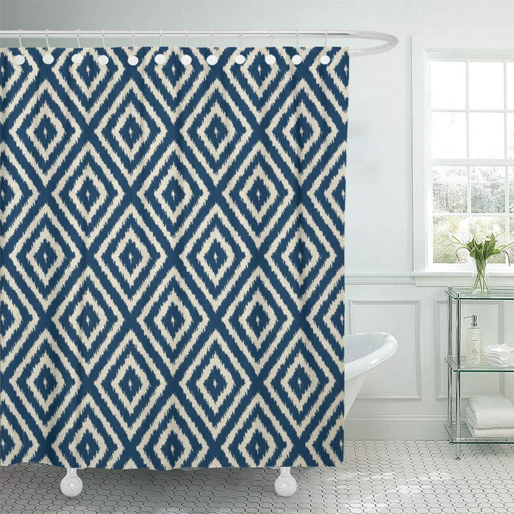 Cynlon Tribal Ikat Diamond Pattern In Blue And Cream Bathroom Decor Bath Shower Curtain 66x72