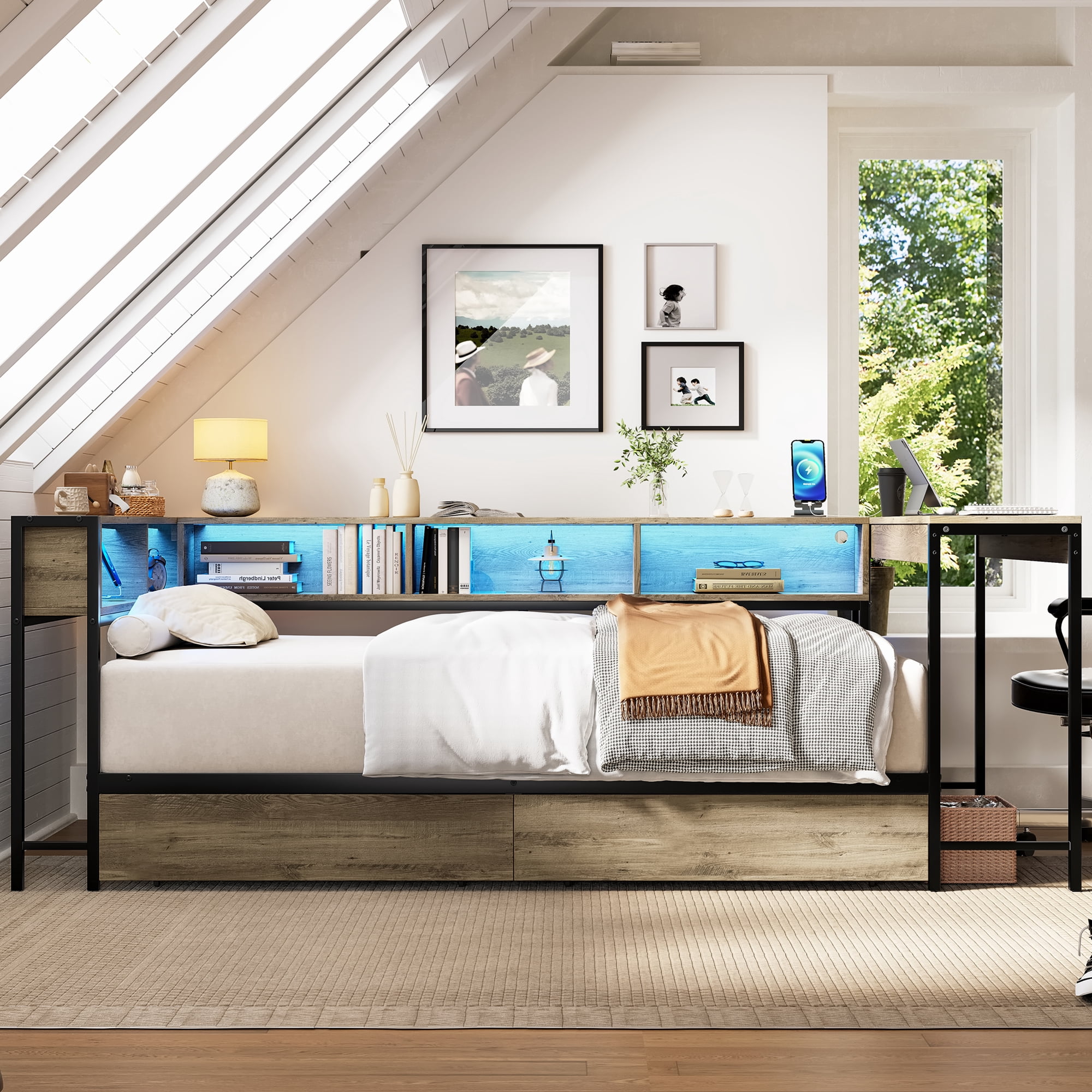 Leumius Full Size Bed Frame with Bookcase and 2 Underbed Storage Drawers, Modern Twin Corner Bed with LED Light and Charging Station for Home Office, Guest Room Grey