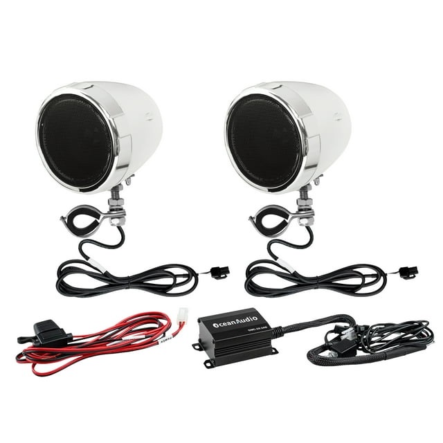 OceanAudio OMC-50.2AD 3 Inch Weatherproof Speakers and Super Mini Amplifier with BT Streaming for 12V Motorcycle, ATV, UTV, Adjustable Brackets, Volume Control