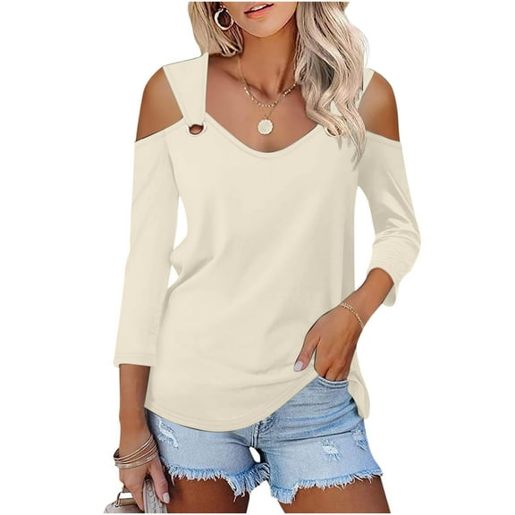 New Summer Oversize 3/4 Sleeve Shirts for Womens 2024 Fashion Solid Color V-Neck Pullover Strapless Tops Shirts Blouse