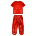 thumbnail image 3 of Hansber Kids Girls Metallic Short Sleeve T-Shirt and Harem Pants Set Jazz Hip Hop Latin Performance Dancewear Red 14-15, 3 of 7
