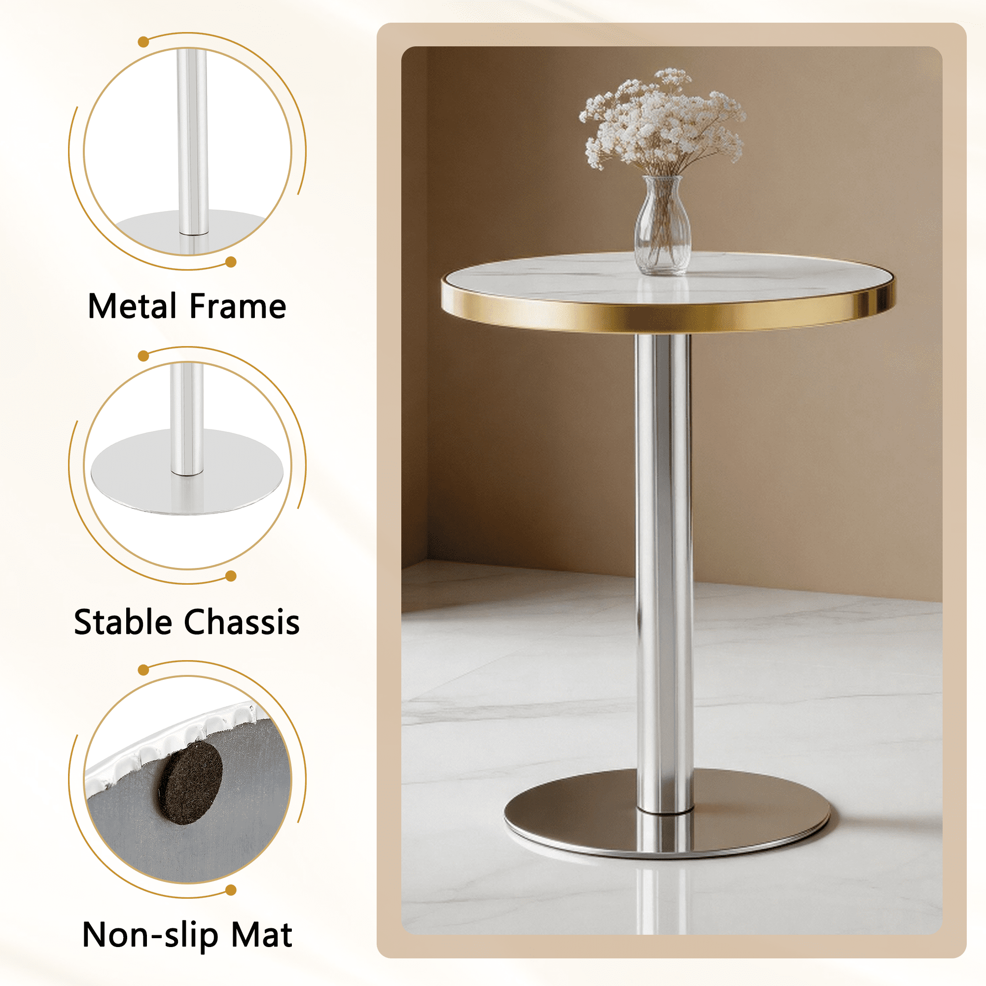 Minimalist Round Bistro Table, 23.6" Faux White Marble Cafe Table with Silver Stainless Steel Base & Edge Banding, High-Gloss Corner Accent Dining Table for Small Spaces Office Salon