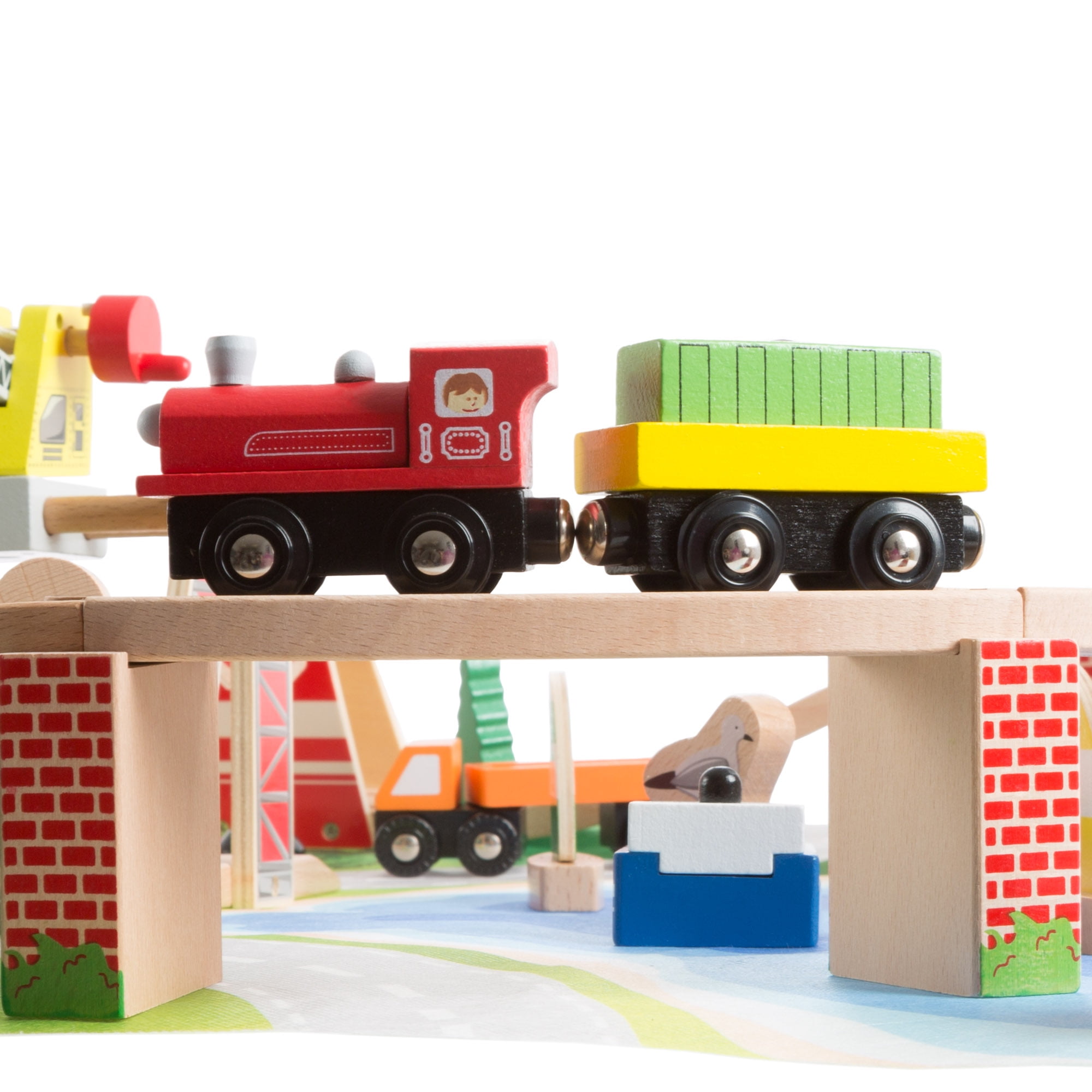 75-Piece Wooden Train Set Including Wood Tracks, Trains, Cars, Boats, and Accessories by Hey! Play!